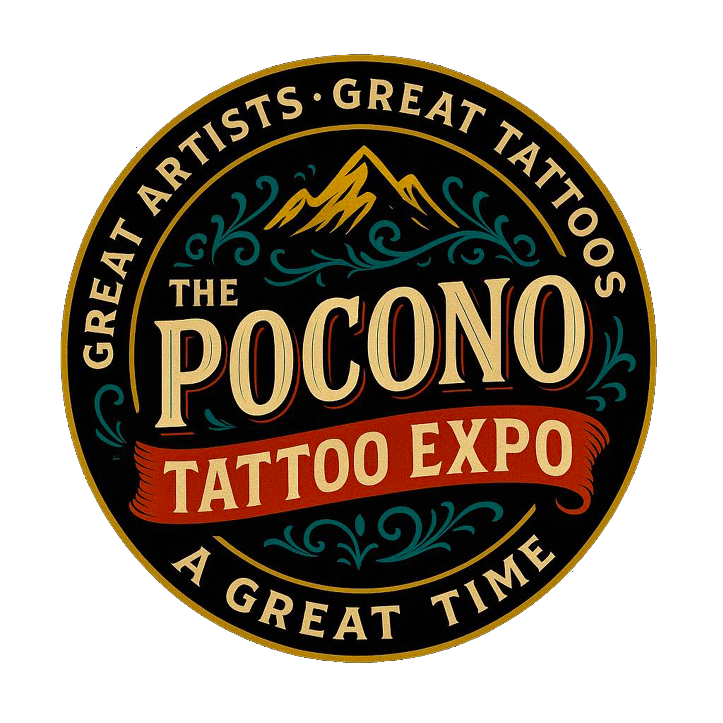 Logo for the Pocono Tattoo Expo featuring mountain peaks, decorative swirls, and text stating, "The Pocono Tattoo Expo" and "Great Artisans, Great Tatoos, A Great Time."