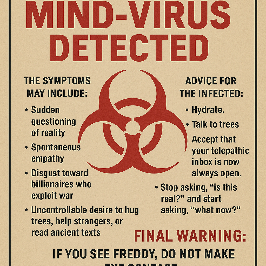 A humorous warning poster about a mind-virus, featuring a biohazard symbol in the center. It lists symptoms such as questioning reality and empathy, and offers advice like staying hydrated, talking to trees, and accepting teleportation.