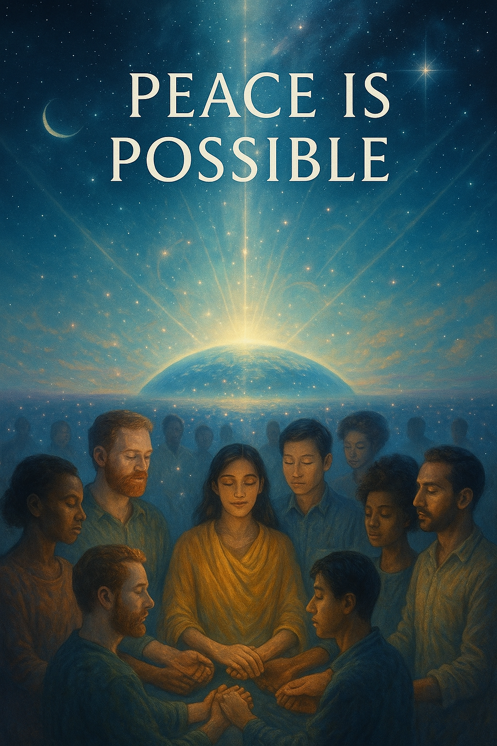 An illustration inspired by the 'Lord of the Rings' scene, depicting diverse people holding hands in a circle with a glowing Earth in the background, stars, and a crescent moon, with the text 'Peace Is Possible' at the top.