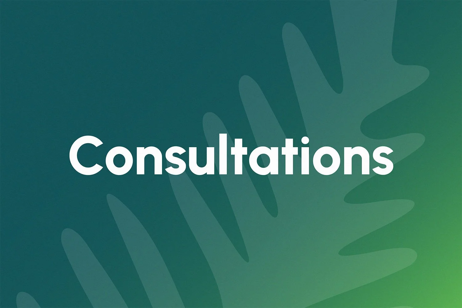 Green and blue gradient background with abstract leaf shapes and the word 'Consultations' in white text in the center.