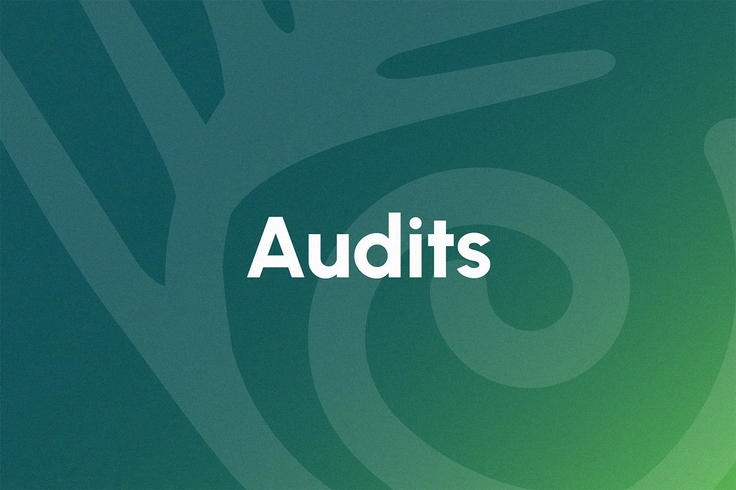 A green and blue gradient background featuring a swirl design with the word 'Audits' in white text in the center.