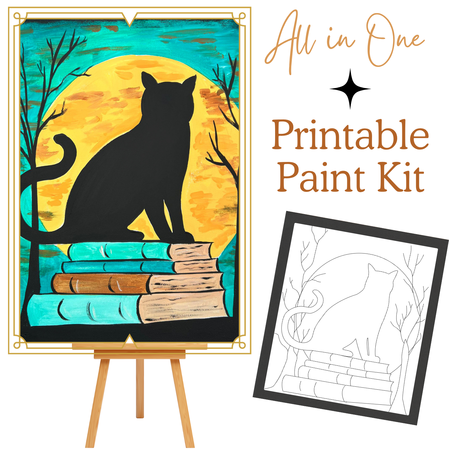 CAT AND MOON  All-In-One Printable Kit | Instant Download| Tracer| Instruction| Supply List | Bonus | Great  Host a Friends' Paint Night