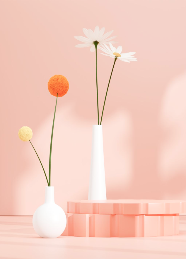 Two vases with flowers—one with three blooms and the other with two—against a pink background.