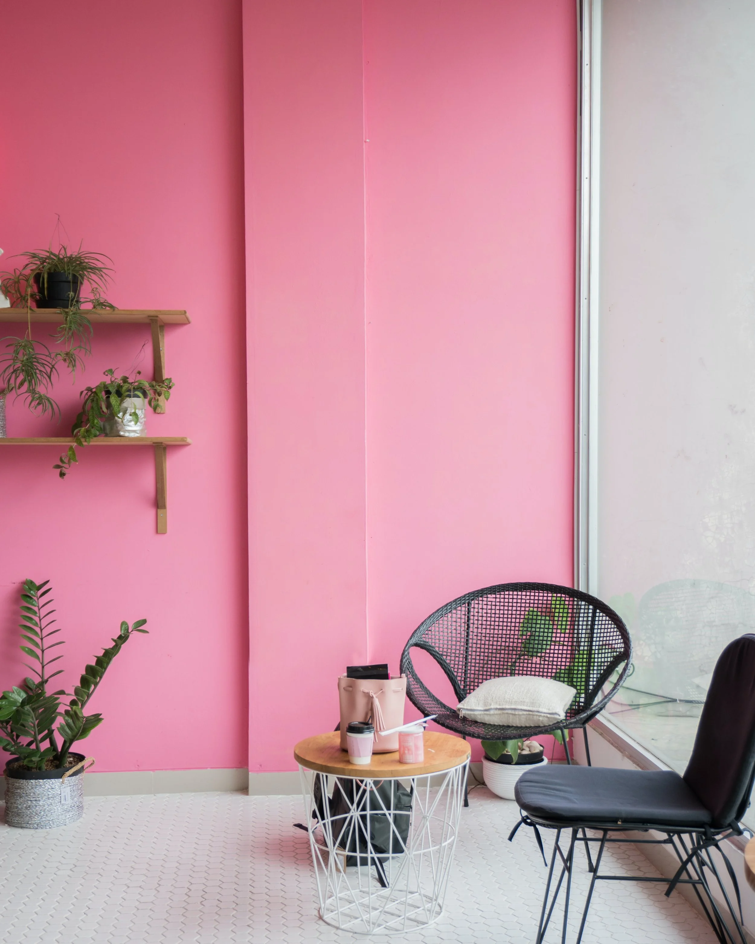 Indoor seating area with pink wall, black woven chair with cushion, black cushioned chair, small circular table with bags and drinks, and green plants on wall shelves near large window.