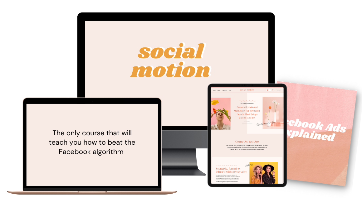 Digital screens displaying a course about Facebook algorithms, with a laptop, desktop monitor, tablet, and a booklet titled 'Facebook Ads Explained'
