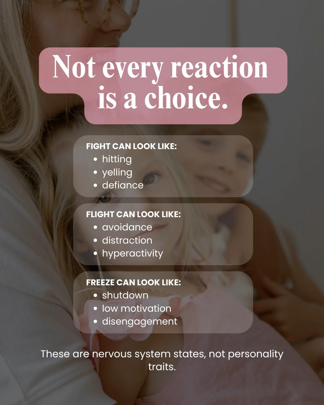 What looks like hitting, avoidance, distraction, or shutdown is often the nervous system shifting into fight, flight, or freeze.

These states are automatic. They happen when the system perceives stress or overload, not because a child is choosing to