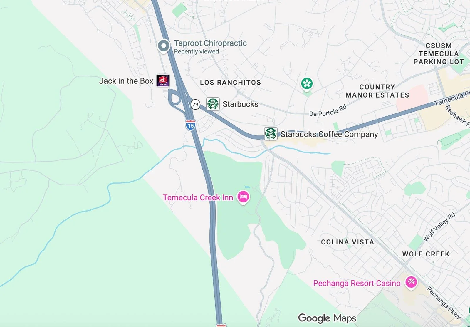 Google Maps view showing Taproot Chiropractic near Temecula with surrounding roads and local landmarks.