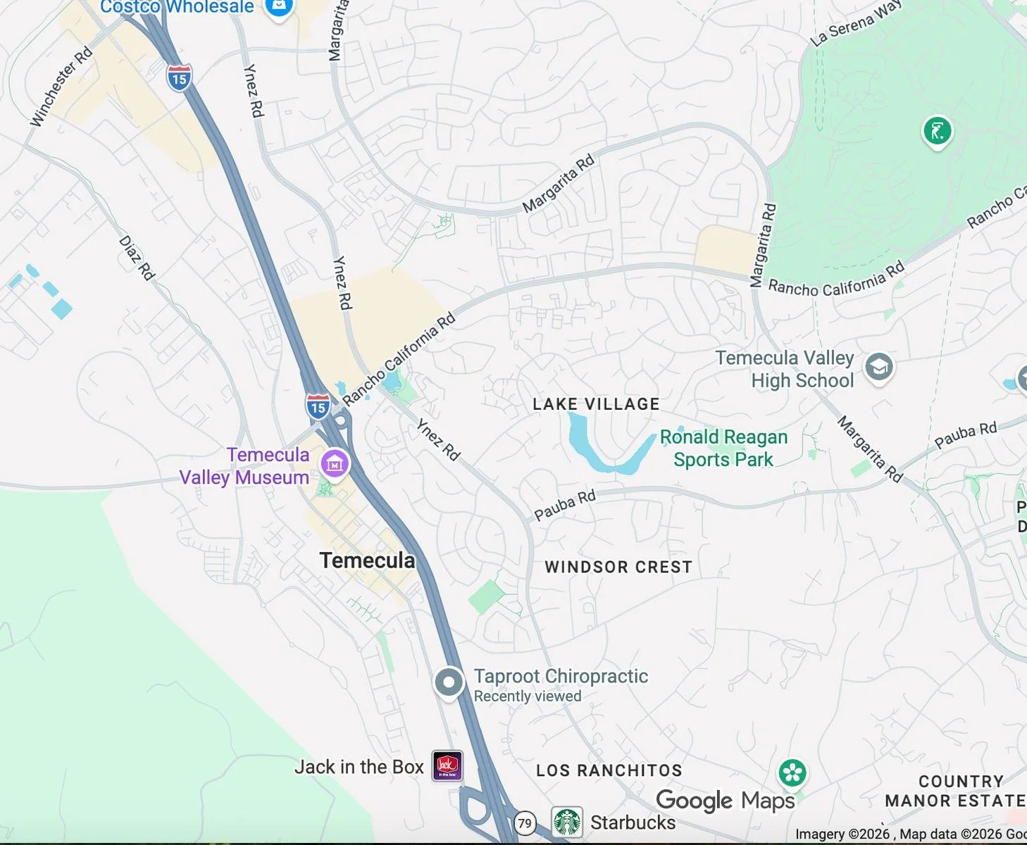 Google Maps view showing Taproot Chiropractic near Temecula and surrounding roads and landmarks.