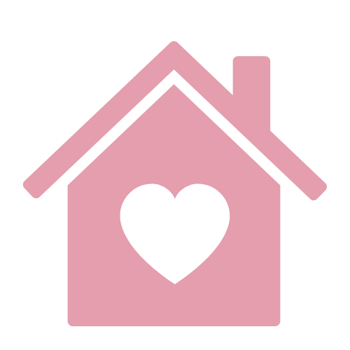 A pink house icon with a black heart in the center.