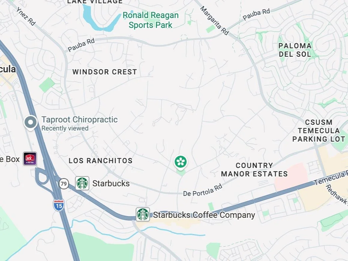 Google Maps view showing Taproot Chiropractic near Temecula with surrounding roads and local landmarks.