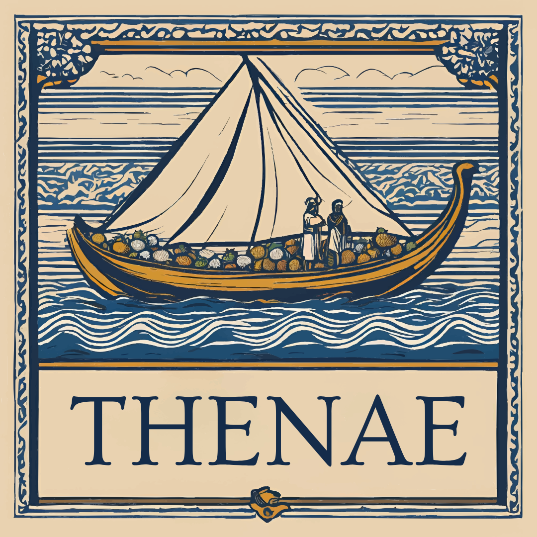 Une illustration d'un navire viking avec une voile blanche, naviguant sur la mer. Sur le navire, deux hommes en vêtements anciens, entourés de fruits et légumes. Le texte "Thenae" en bas de l'image.
