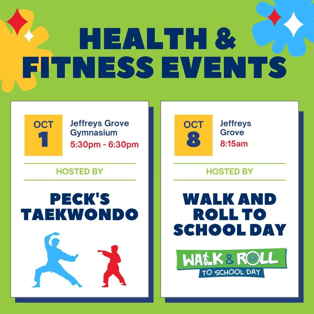 Two fun events coming up at JGMES! ✨

🥋 First Family Fitness Night of the Year | October 1st 5:30-6:30pm
Join us for our first fitness night of the year with Peck&rsquo;s Taekwondo! Learn fun, contactless moves from Julee Jones &mdash; kicks, punche