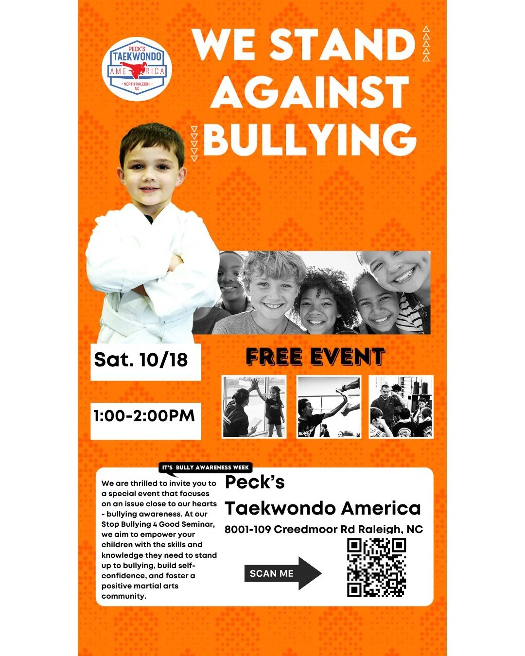 Join us for a FREE community event hosted by our platinum sponsor, @peckstkd, where kids will learn confidence, respect, and how to stand up safely to bullying. 🥋✨

📅 Saturday, October 18
⏰ 1:00&ndash;2:00 PM
📍 Peck&rsquo;s Taekwondo America
8021-