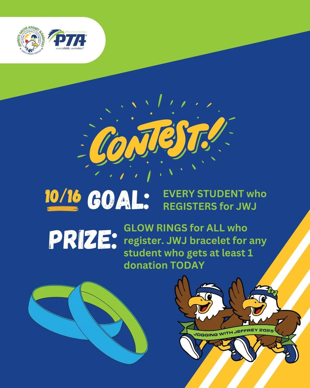 It&rsquo;s SWAG DAY, Eagles! 💚💙 Register TODAY to score a glow ring 💍 and snag a #JWJ bracelet when you get your first donor!

Register here: https://jgmespta.givebacks.gives/jwj25

Let&rsquo;s see those wrists shine bright! ✨

#SwagDay #JoggingWi