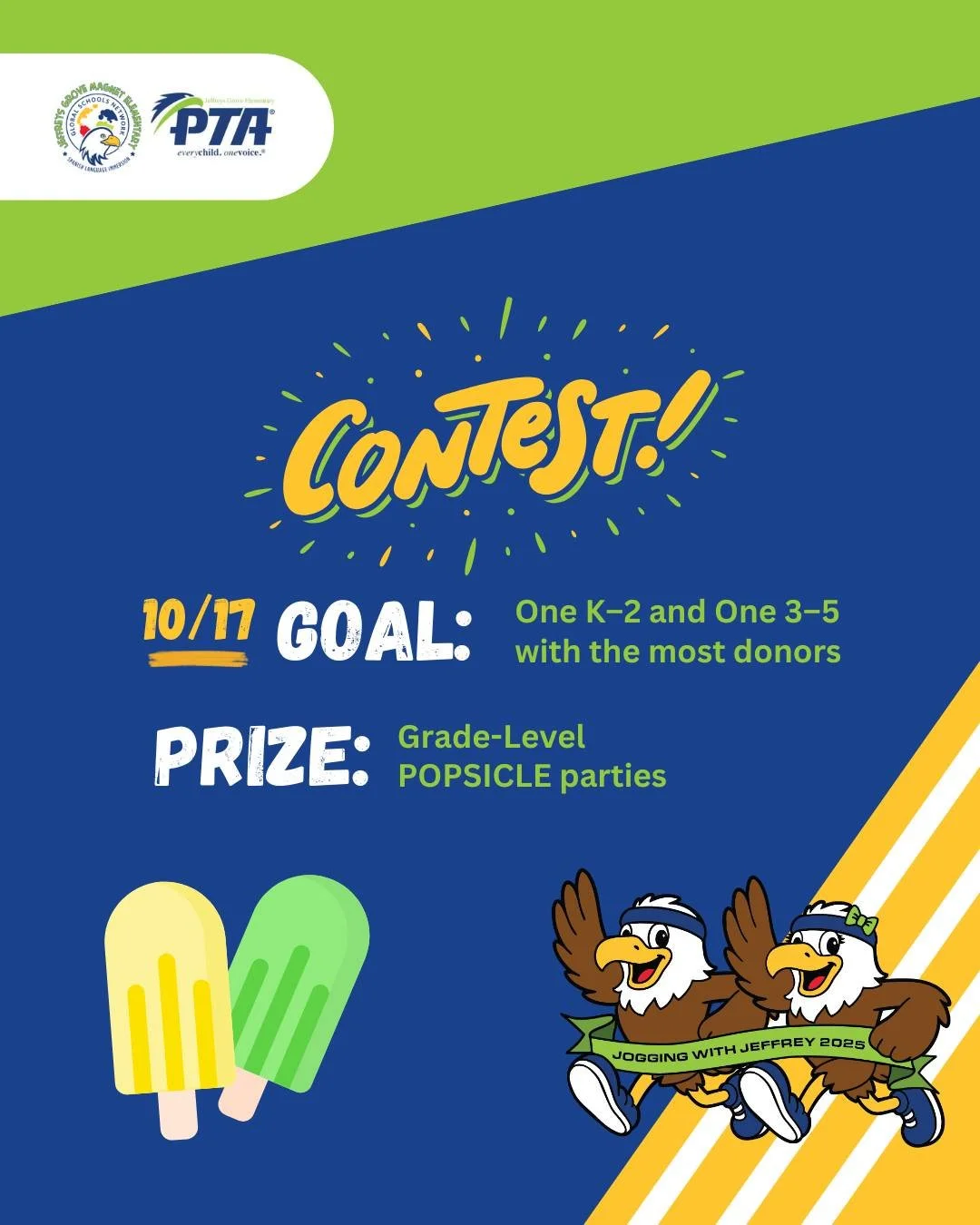 🚨 #JWJ Contest Alert 🚨 Our Jogging With Jeffrey FUNdraiser is in full effect and Friday&rsquo;s looking cool! 😎

The TOP GRADES (one for K-2 and one 3-5) with the MOST DONORS will earn a classroom POPSICLE PARTY. 😋 🍭 That's in addition to ALL st