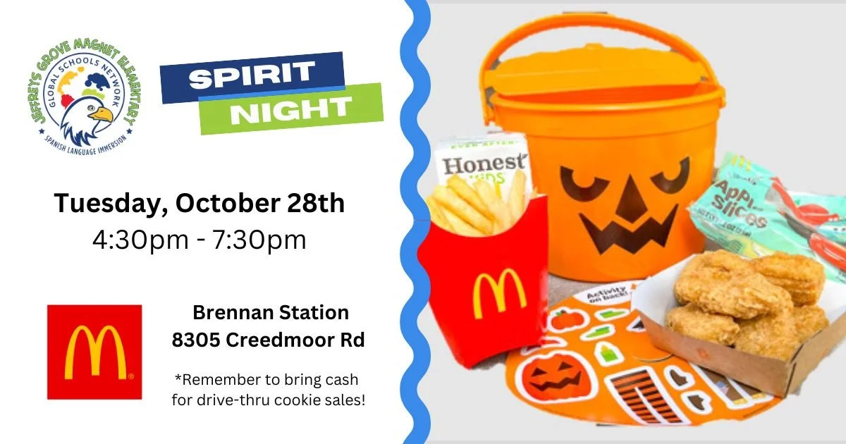 Don't forget our FaBOOlous Spirit Night tomorrow! 👻 

Join us at the Brennan Station McDonald's to test out your costume and show your school spirit. When you purchase a meal, you support our school AND skip cooking. Talk about a treat. 🍬

RSVP her