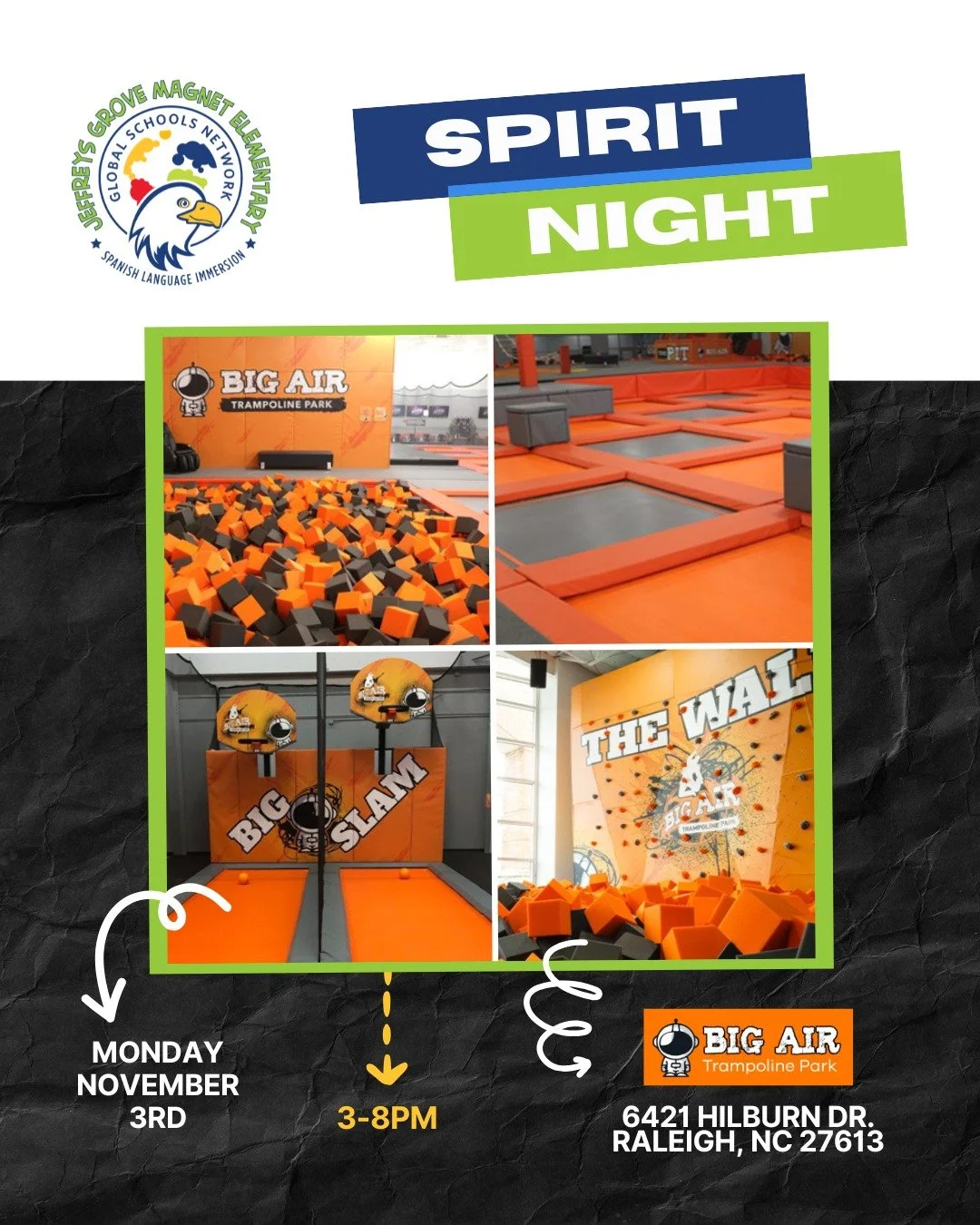 Nervous about how to navigate another teacher workday? Our next spirit day (Nov 3) will set you up for a peaceful(ish) day on Tuesday. 

1️⃣First, get those kids tired with some bouncing at Big Air. 
2️⃣Then, fill up those hungry tummies with dinner 
