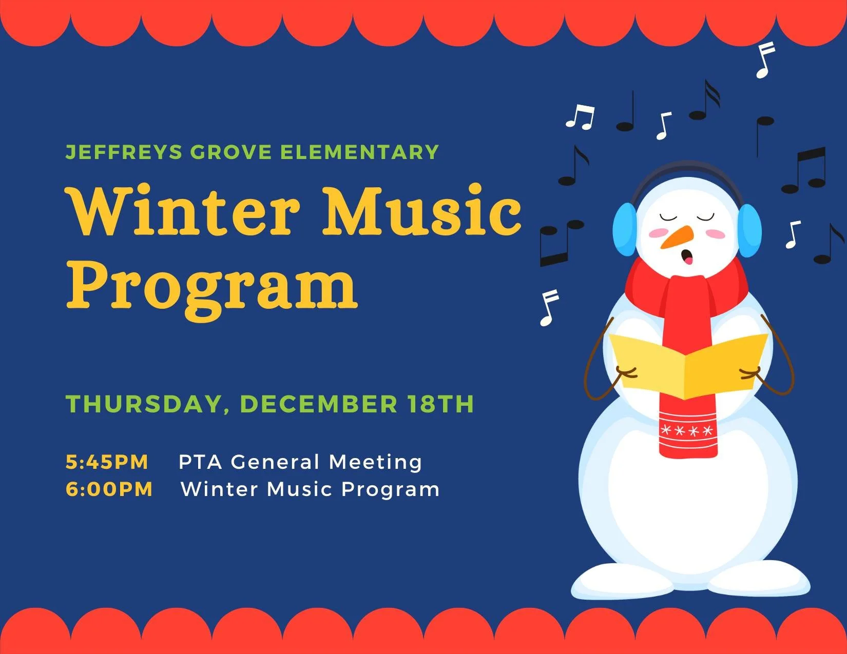 &quot;Kindergarten and 1st-grade families!

This year's Winter Music Program❄️🎵 is on December 18th! There will be one dress rehearsal (after school practice) for K &amp; one for 1st grade. You must sign your student up for BOTH the dress rehearsal 
