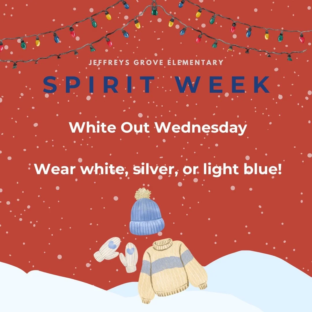 Back to our regularly scheduled program! Don't forget to dress for &amp;quot;White Out Wednesday&amp;quot; tomorrow! 

Show your school spirit by wearing white, silver, or light blue! #holidaycheer #HolidayFun #jgmespta #jeffreysgroveelementaryschool