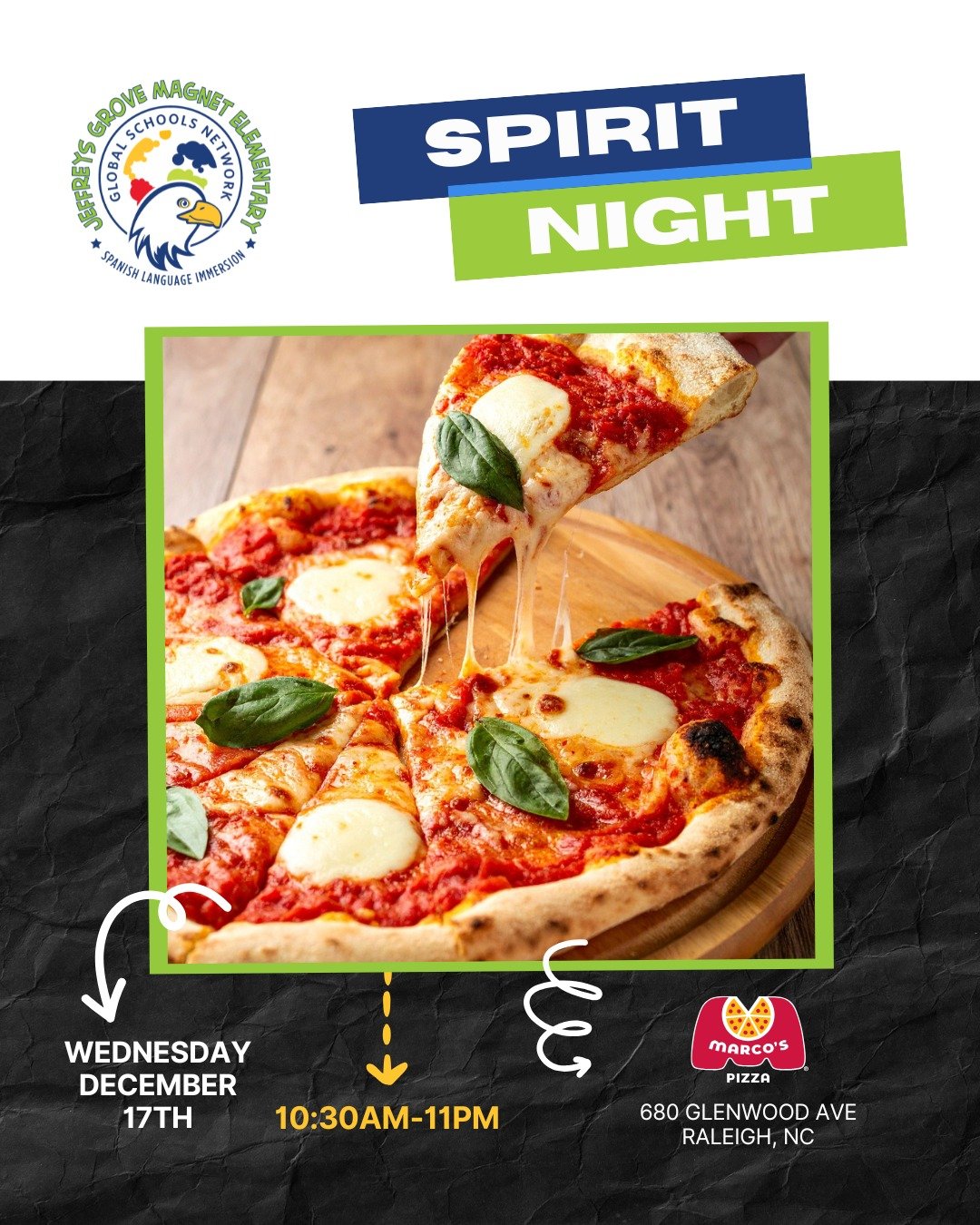 🍕 Mark your calendar! Spirit Night at Marco&amp;rsquo;s - December 17th! 💚
Skip the cooking and support Jeffreys Grove at the same time! Order from Marco&amp;rsquo;s Pizza on Glenwood any time on Tuesday, December 17th, mention JEFFREYS GROVE, and a portio