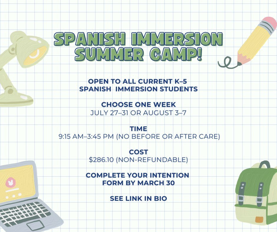 📅 Don't forget to complete your form for 2026 Spanish Immersion Summer Camp at Jeffreys Grove by March 30th!

This summer camp is designed to support students in maintaining and strengthening their Spanish literacy, vocabulary, and speaking skills t