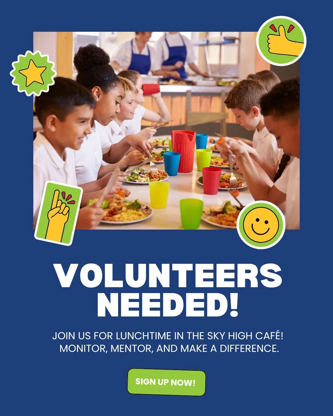 Looking for a fun way to help our school and spend some extra time with your child and their classmates? Join the team to monitor and mentor the Jeffreys Grove students during lunch time in the newly named cafeteria - The Sky High Cafe!

This opportu