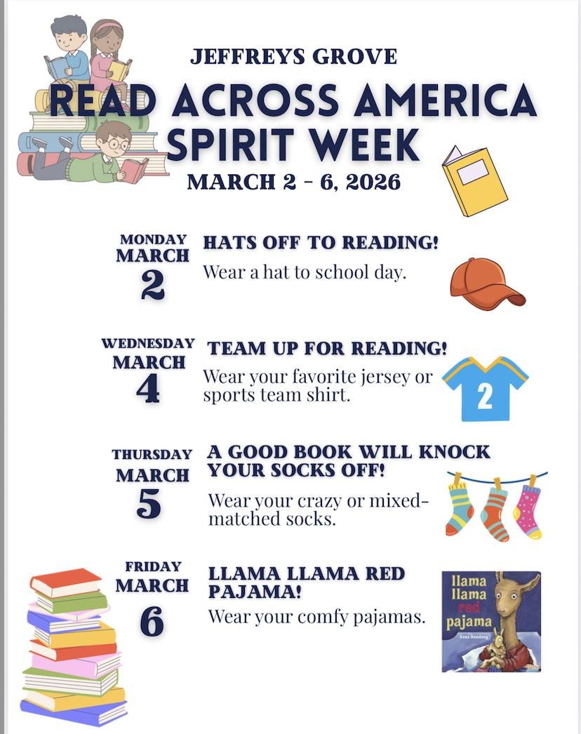 📚✨ Read Across America Spirit Week starts tomorrow ✨📚

Join us as we celebrate the joy of reading from March 2&ndash;6, 2026 with a fun-filled week of dress-up days!

🎩 Monday: Wear a hat to school day.
🚫 Tuesday: No School
🤪 Wednesday: Wear you