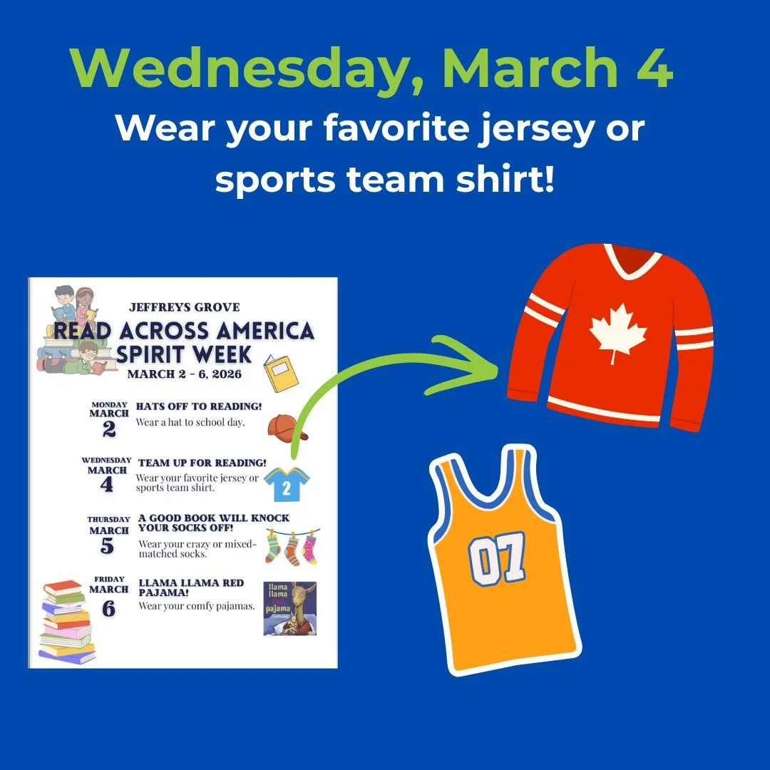✨Reminder✨

For Read Across America Spirit Week, wear your favorite jersey or sports team shirt!

#readacrossamericaweek