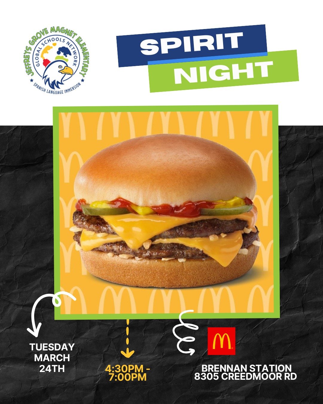 🍟Tomorrow: Don't forget, Join us for McDonald's Spirit Night on Tuesday, 3/24. Make sure to mention Jeffreys Grove so a portion of your purchase can benefit the school! 🍔