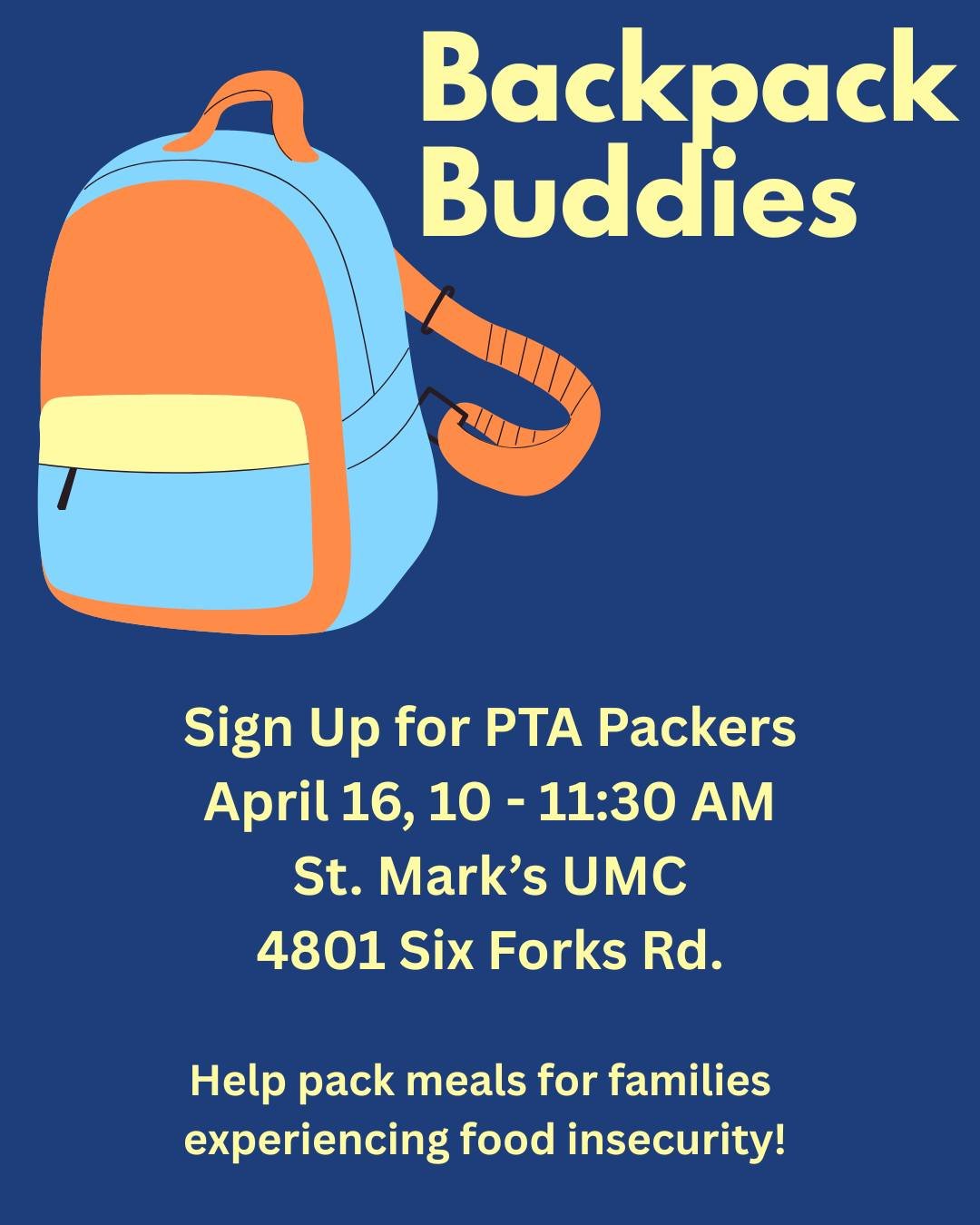 If you have a flexible work schedule, join other parents to volunteer at the PTA Packing event while your students are in school on Thursday, April 16th from 10-11:30am at St. Mark&rsquo;s UMC. Come meet parents from our partner schools and help us p