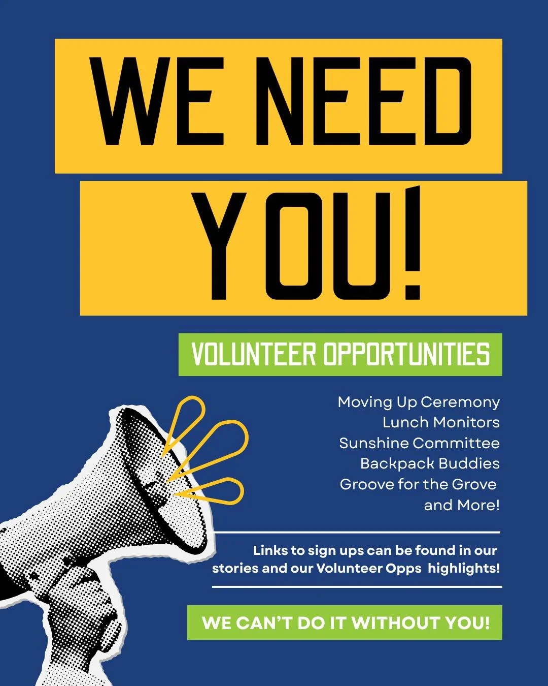 📣 WE NEED YOU to finish the year STRONG! 💛💙

There are so many ways to get involved this May and we need all hands on deck! 4th and 5th grade families &mdash; we especially need your help with the Moving Up Ceremony as we send our 5th graders off 