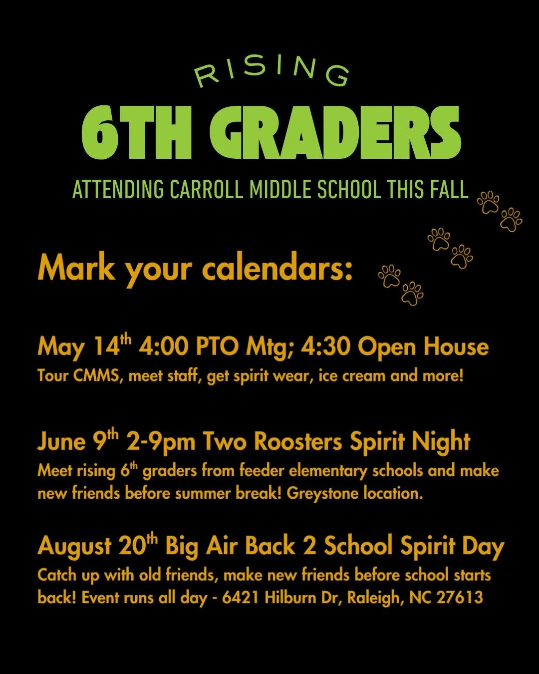 🎉 Attention rising 6th grade families! 🎉

As some of our students get ready to head to Carroll Middle School, we wanted to share some exciting upcoming events to help everyone feel prepared, connected, and welcomed into the Cougar community!

May 1