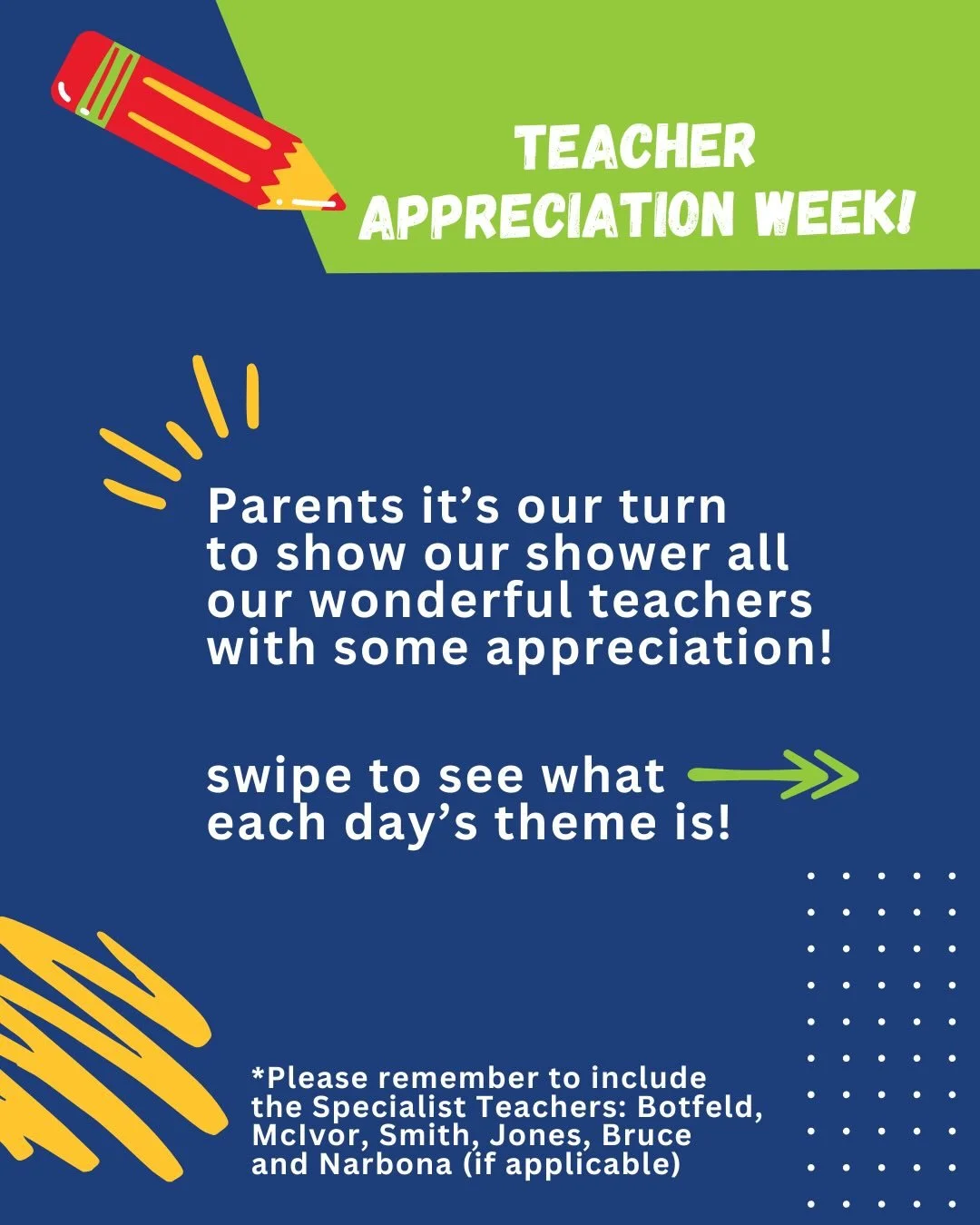 🍎 Teacher Appreciation Week is here! 🍎

Let&rsquo;s show our amazing teachers just how much they mean to us 💙 Each day has a simple way your student can participate&mdash;whether it&rsquo;s a note, a treat, or a small token of appreciation, it all