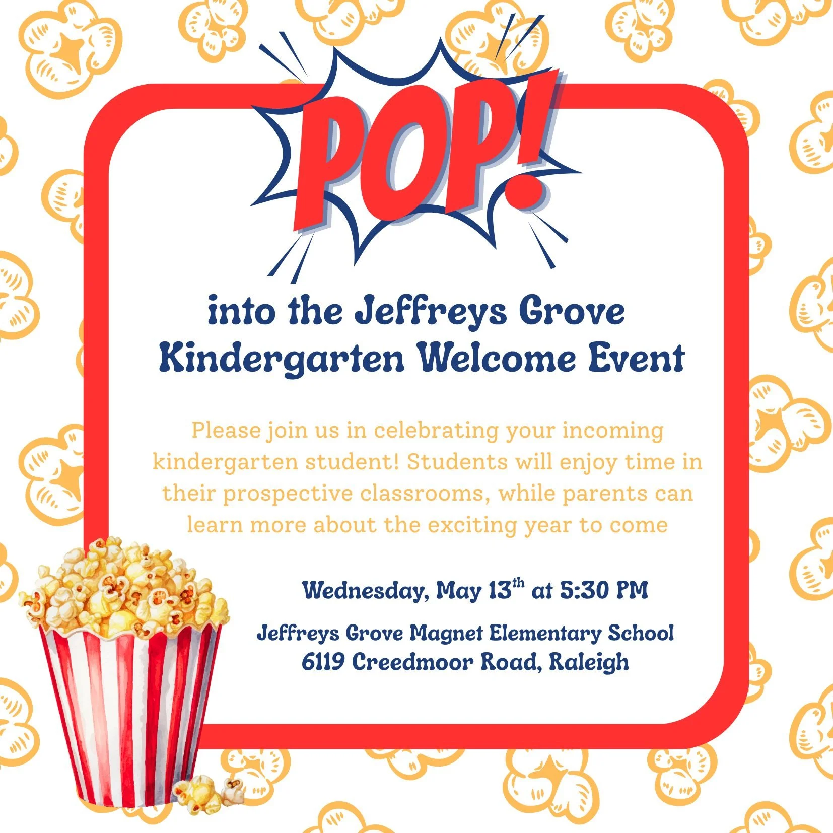 🍿✨ POP into Jeffreys Grove! ✨🍿

Reminder for our incoming kindergarten families to join us TOMORROW for our Welcome Event! It&rsquo;s a great opportunity to meet staff, connect with other families, and get excited for kindergarten! 🎒📚

We can&rsq