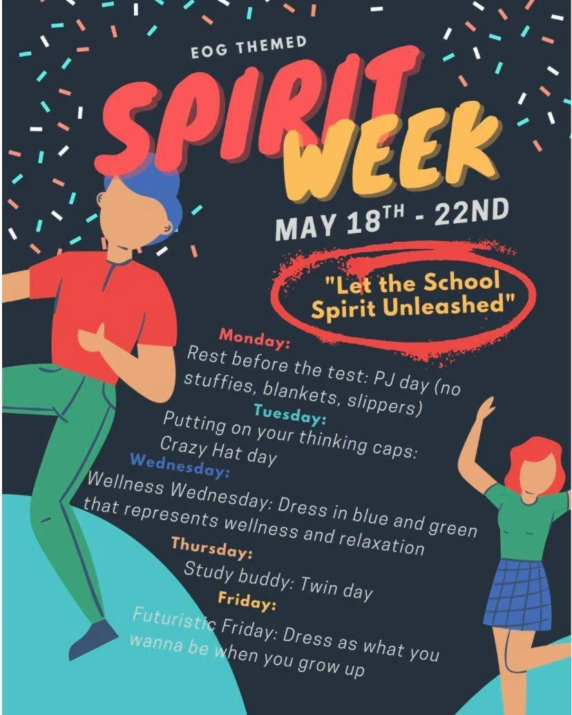 Reminder! Our Student Council is bringing the hype for EOG season with a Spirit Week starting tomorrow! May 18&ndash;22! Join in to show your school spirit and cheer on our upper-grade students. 🎉