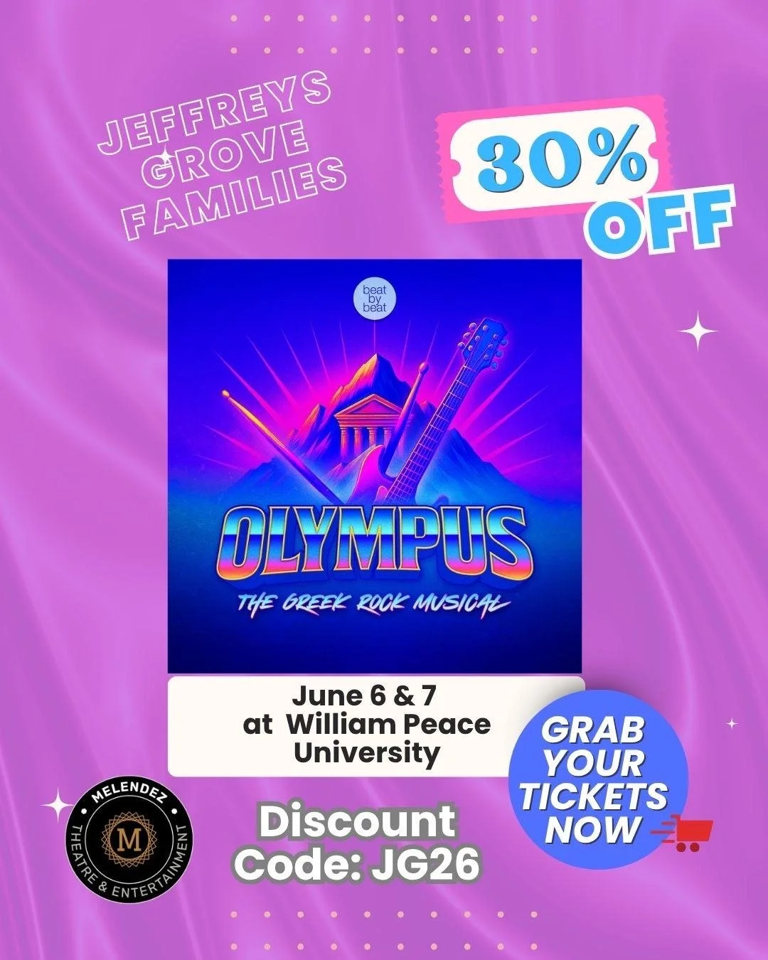 Our platinum sponsor, @melendeztheatre presents Olympus! This show is a fresh, electrifying take on classic Greek mythology set to pop rock music. It's perfect for the whole family! With multiple showtimes, there's a performance that works for you an