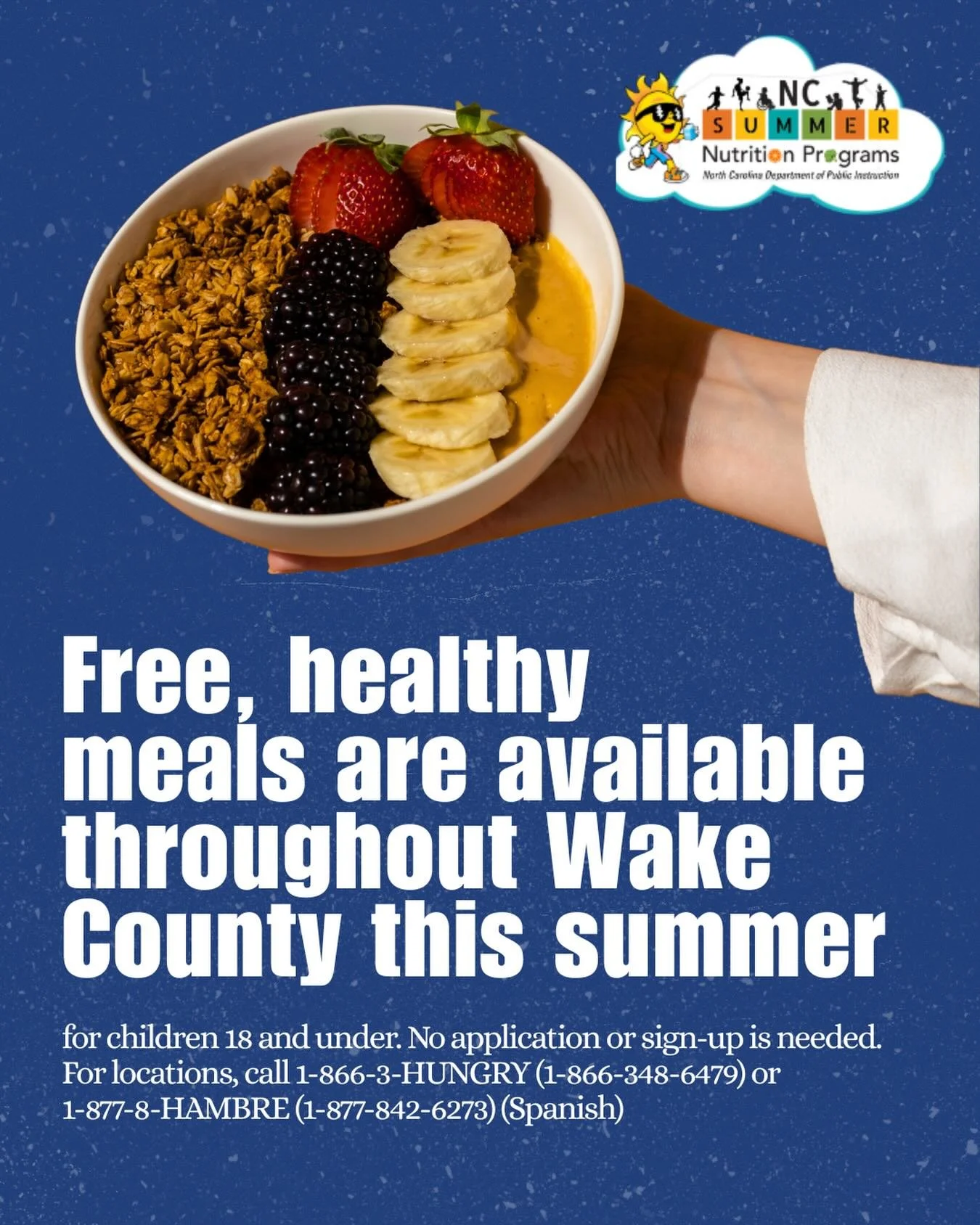 ☀️ Did you know? Free meals are available all summer long for kids and teens 18 and under right here in Wake County. No sign-up, no application, no cost. Just show up and eat! 🥗
Find a location near you at summermeals4nckids.org, or call 1-866-3-HUN