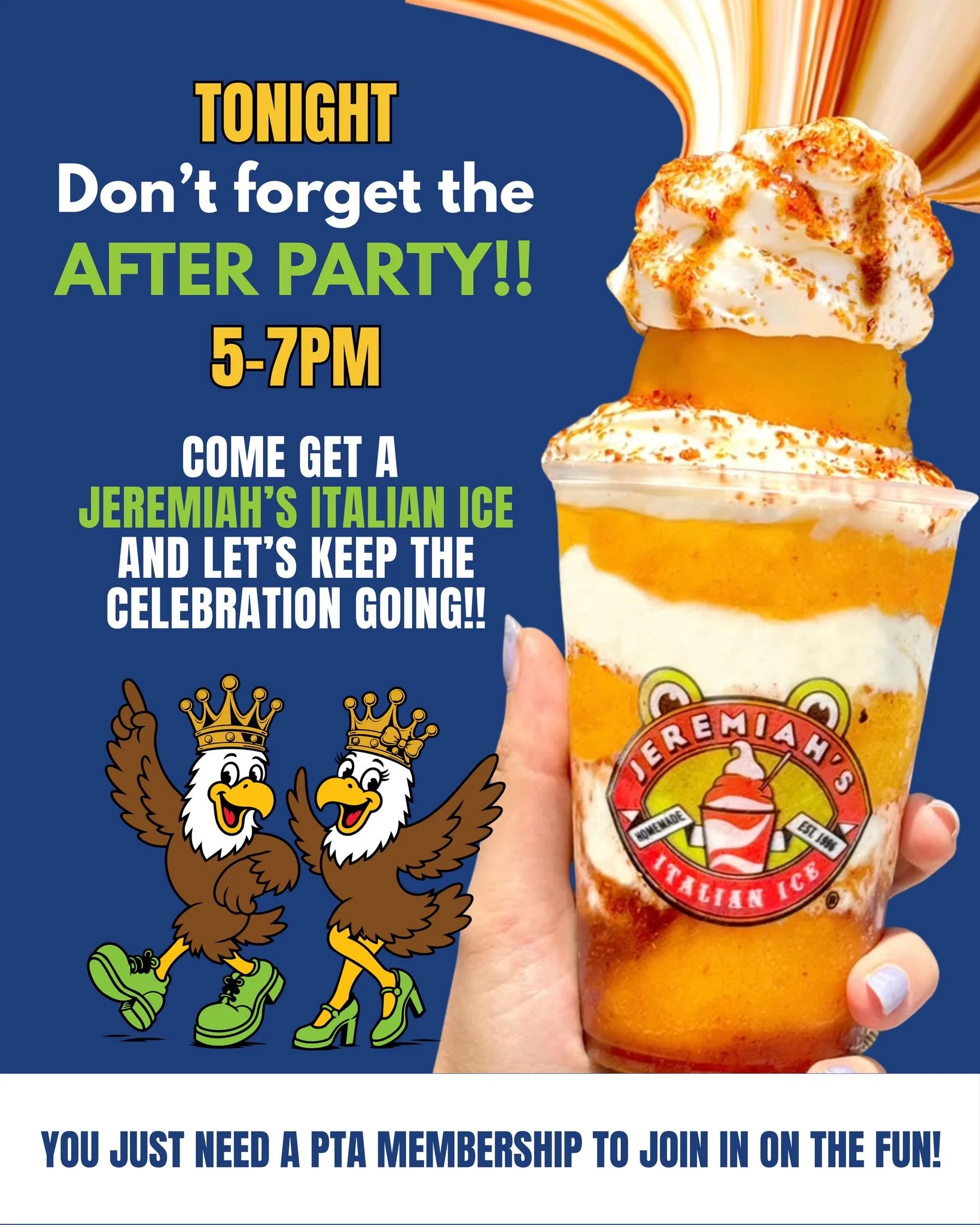 THE GLOW ISN&rsquo;T OVER WHEN THE DANCE ENDS! 

We&rsquo;re keeping the celebration going TONIGHT from 5&ndash;7 PM at the After Party! 🦅💙

A HUGE thank-you to Jeremiah&rsquo;s Italian Ice for helping make our After Party even SWEETER! 🍧🙌 We can