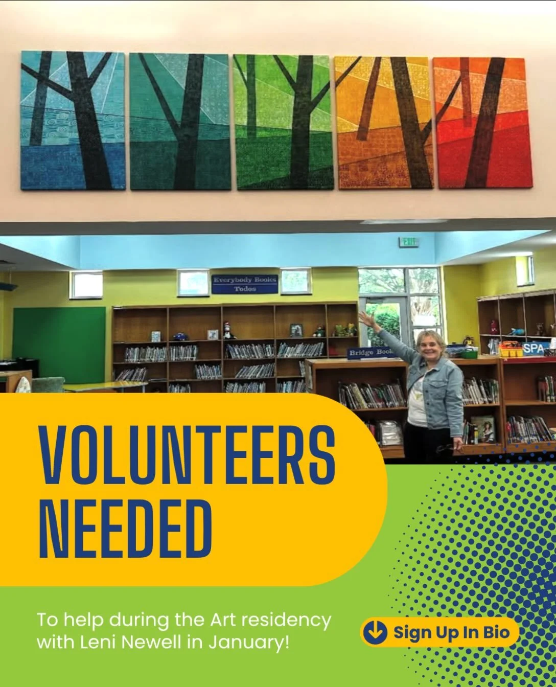CALLING ALL OUR RESIDENT ARTISTS WHO WANT TO VOLUNTEER! 

Our 4th graders are getting ready to create something amazing! During a week-long banner art residency with talented artists Leni Newell and Kip Baker, students will bring their creativity to 