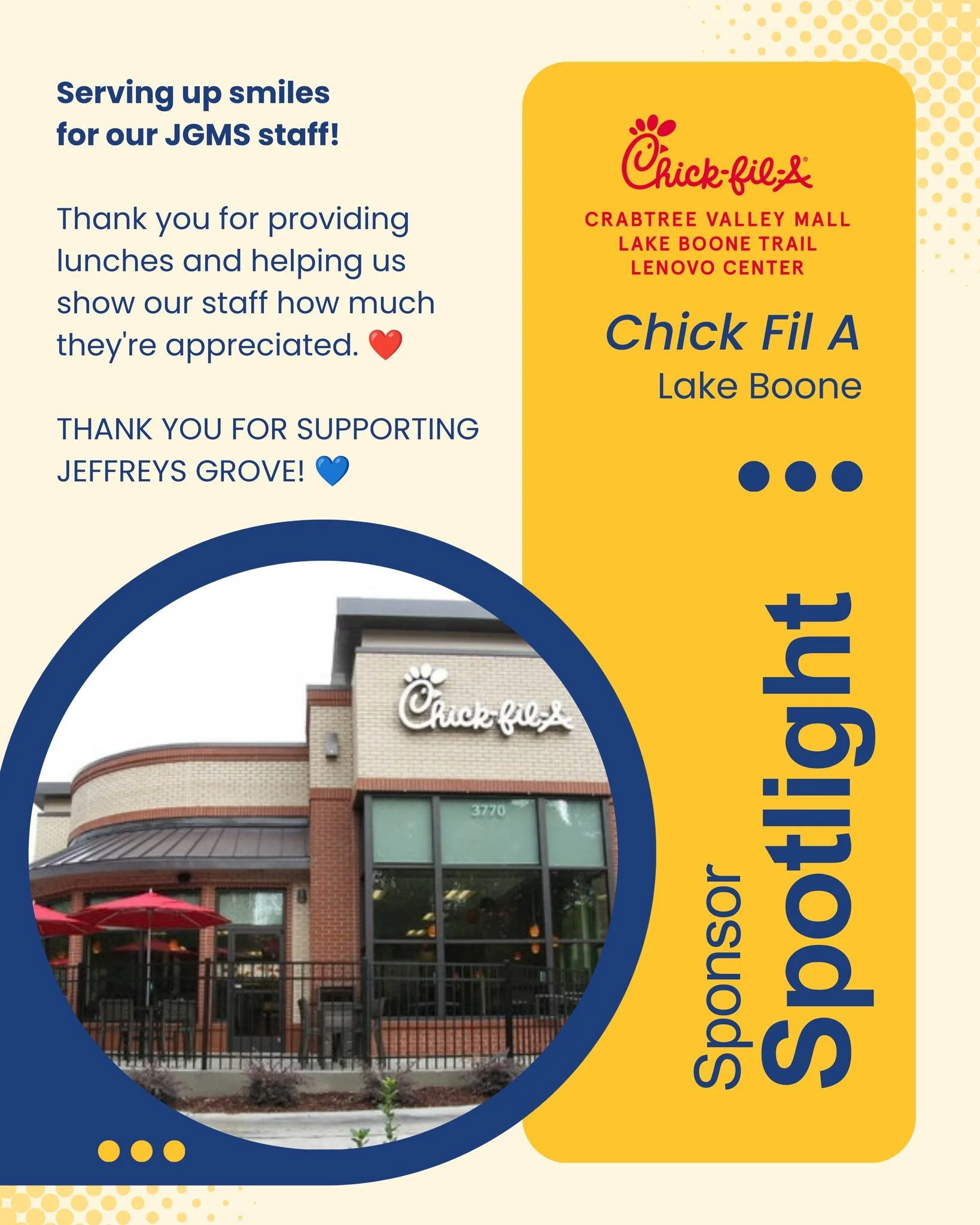 🐔 SPONSOR SPOTLIGHT!

A HUGE thank you to Chick-fil-A Lake Boone Trail for showing our Jeffreys Grove Magnet Elementary staff some love throughout the school year! ❤️

From providing lunch to helping our teachers and staff feel appreciated, Chick-fi
