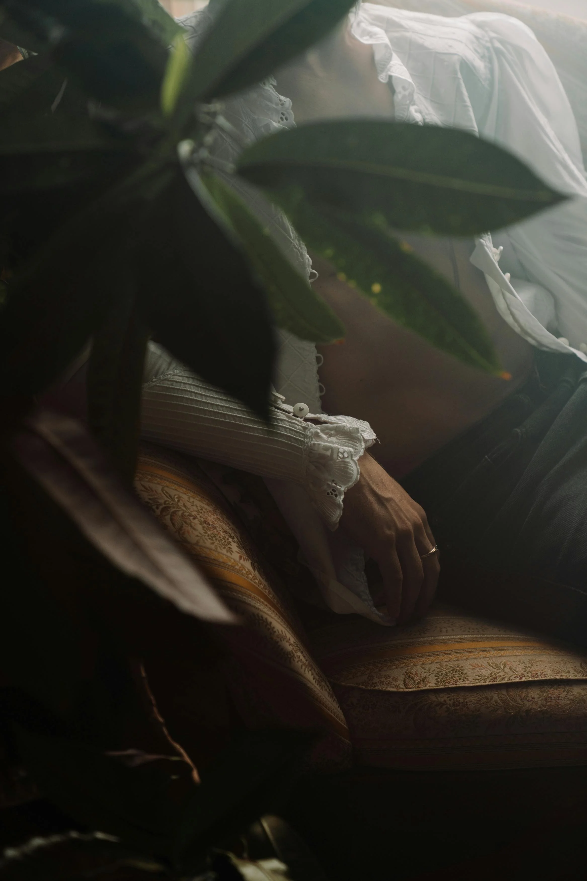 Close-up of a person's hand resting on their lap, seen through large green leaves, with a white embroidered blouse and patterned cushion in the background.