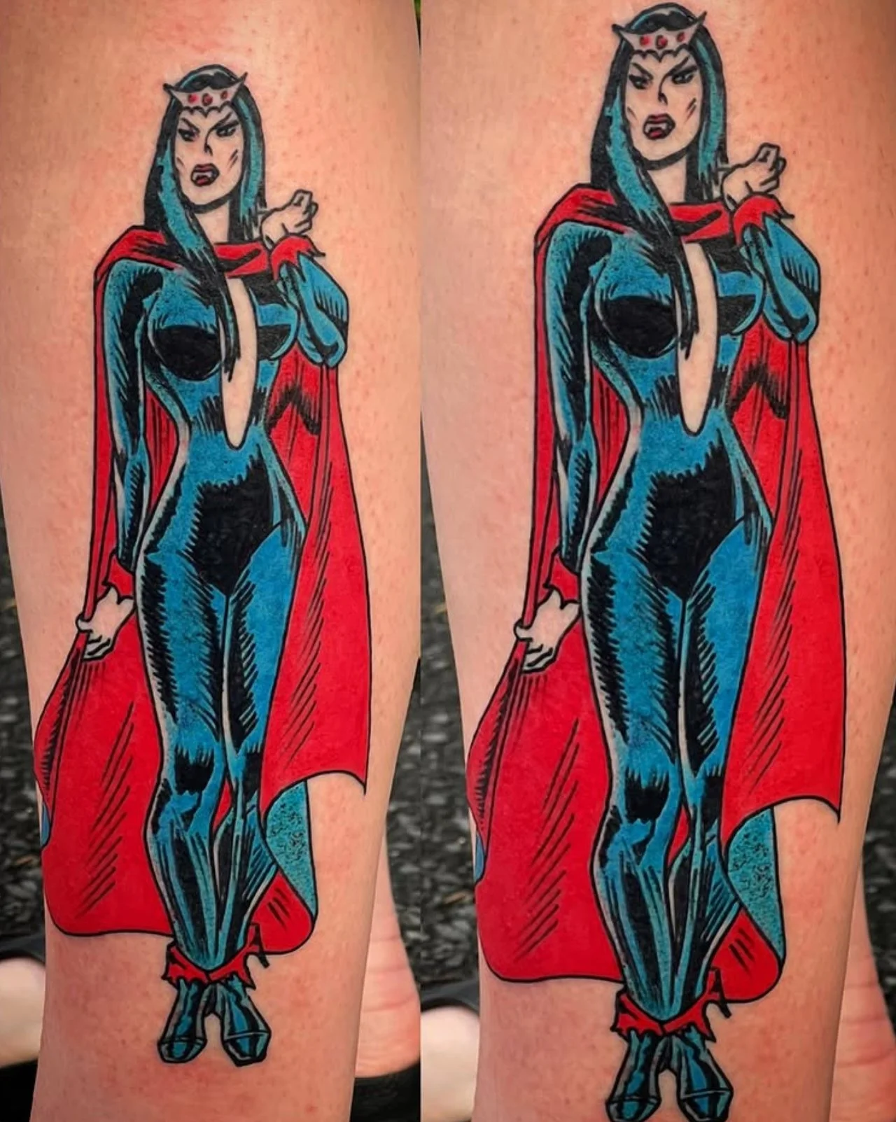 Tattoo of a female superhero with long dark hair, a black and blue bodysuit, red cape, and a crown, standing with her hand on her hip and an angry expression.