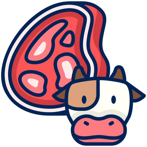 Animated cow with a steak in the background.