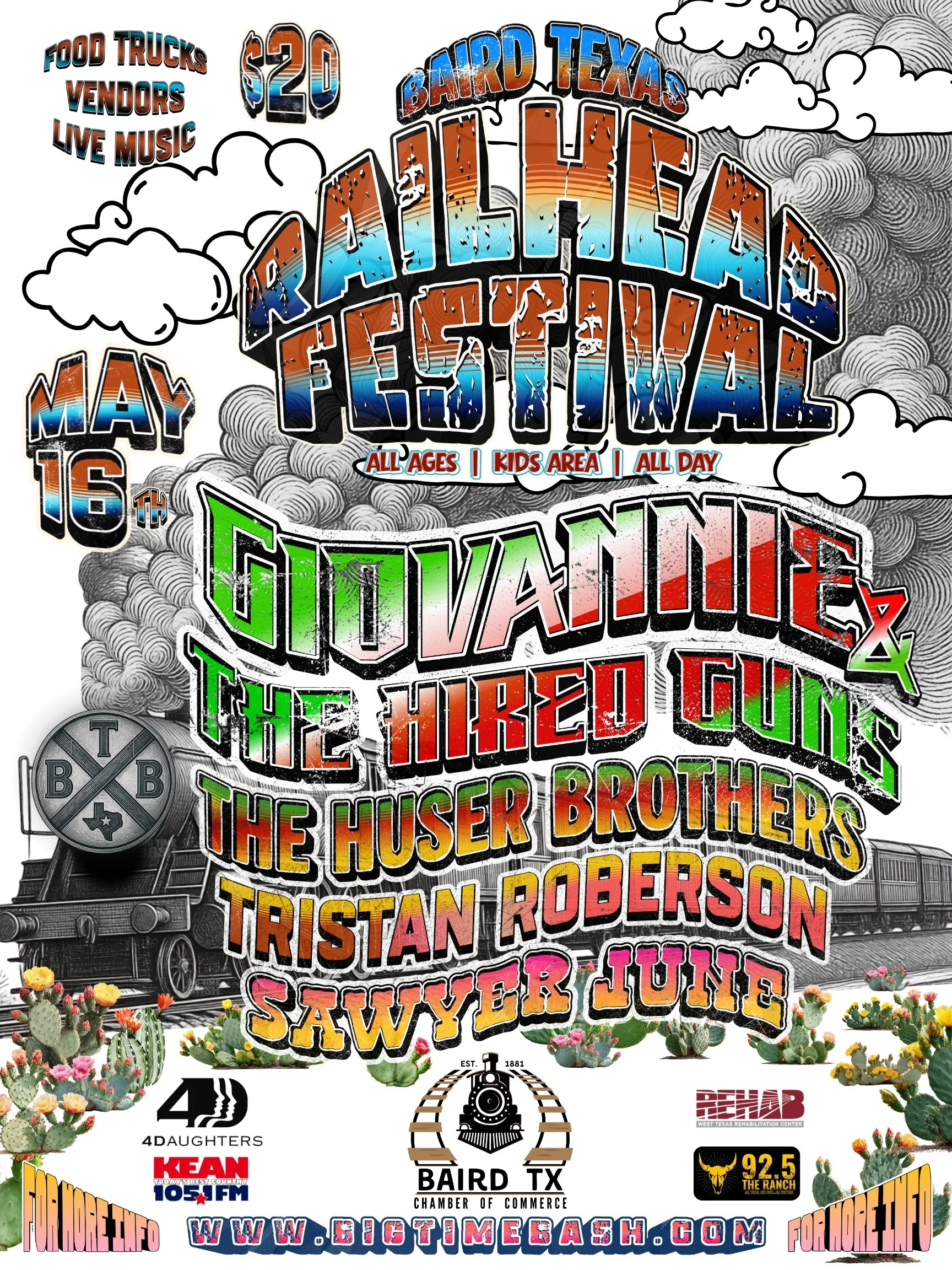 Colorful promotional poster for the Raiders Festival in Baird, Texas, with information about food trucks, vendors, live music, and activities for all ages, featuring vibrant text, clouds, cactus plants, a train, and various sponsor logos.