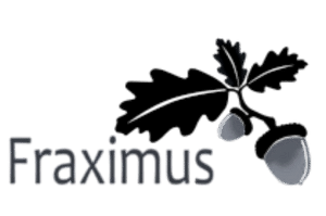 Fraximus logo with black text and acorns, on a white background.