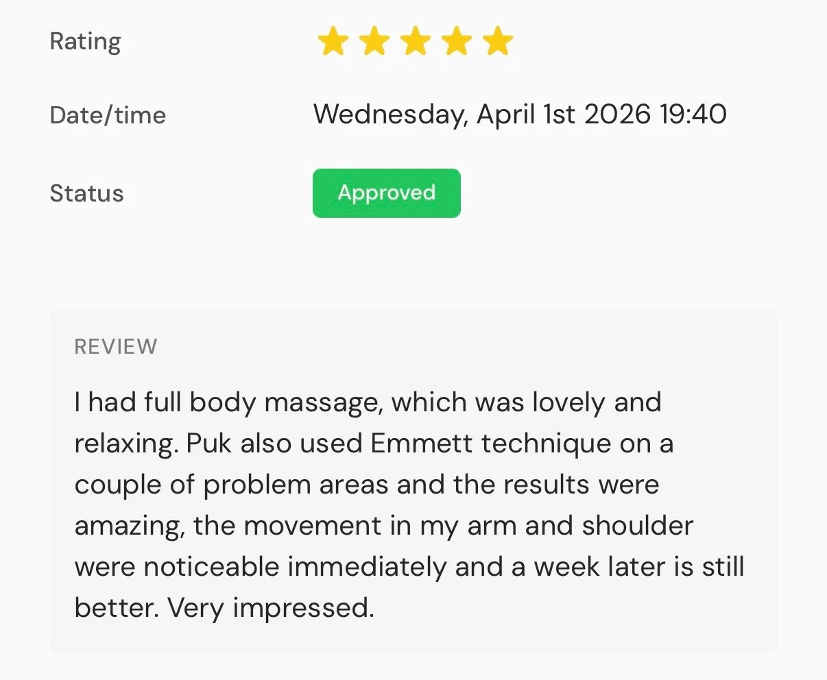 🤩 Another Happy Client after EMMETT work on her shoulder.

If you would like to learn, why not join me on one of my EMMETT Workshops 

Dates are
26th April
14th June or
26th July

See and Feel the Magic for yourself
No prior experience needed

Puk 
