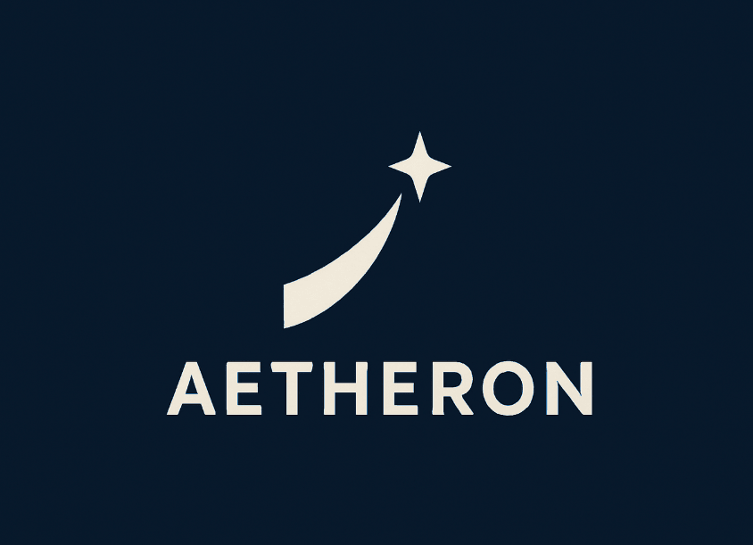 A logo with a stylized shooting star above the word "Aetheron" on a dark gradient background.