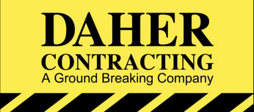 Sign for Daher Contracting, a ground-breaking company, with yellow background and black diagonal stripes at the bottom.