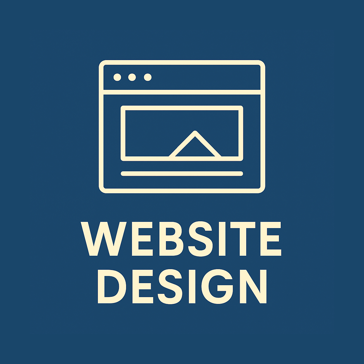Icon of a web browser window with a mountain and a sun, accompanied by the text 'Website Design' on a blue background.
