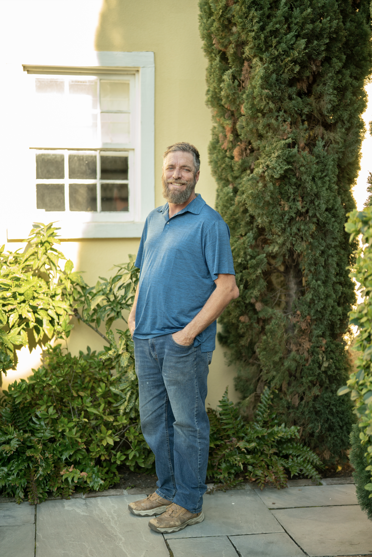 Four tall palm trees against a clear blue sky.